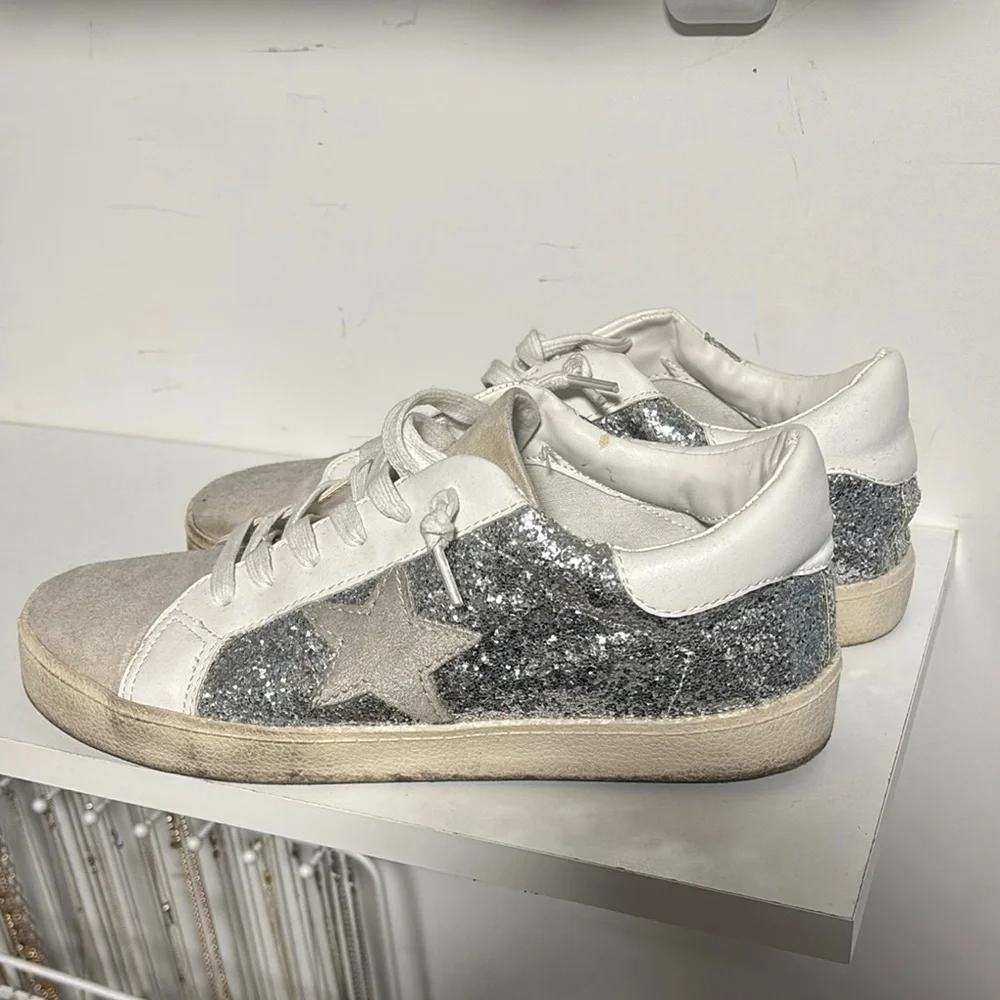 Madden Girl White and Gray Glitter Sneakers